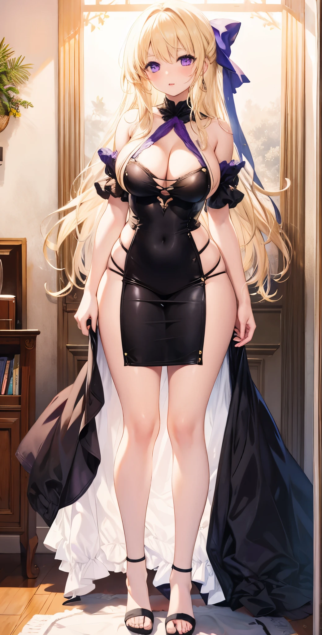 girl,Large Breasts,long hair,Topless,Bow,Blonde Hair, Purple Eyes, Cleavage,Large Breasts