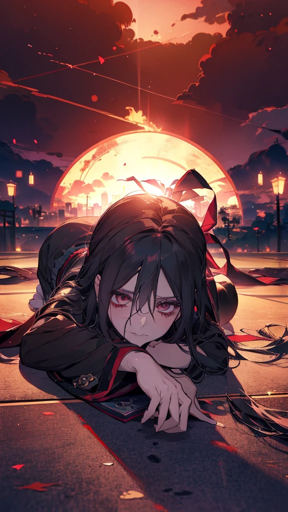 Anime girl lying on the ground with her head up, gapmoe Yandere grimdark, anime style like fate/Stay Night, Danganronpa digital art, Yandere, gapmoe Yandere, by Kamisaka Sekka, Photo of a-1, Dark brown and vermilion, Burning, Promotional Art, Yandere. expensive
