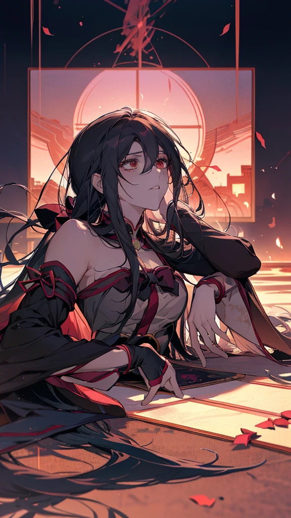 Anime girl lying on the ground with her head up, gapmoe Yandere grimdark, anime style like fate/Stay Night, Danganronpa digital art, Yandere, gapmoe Yandere, by Kamisaka Sekka, Photo of a-1, Dark brown and vermilion, Burning, Promotional Art, Yandere. expensive