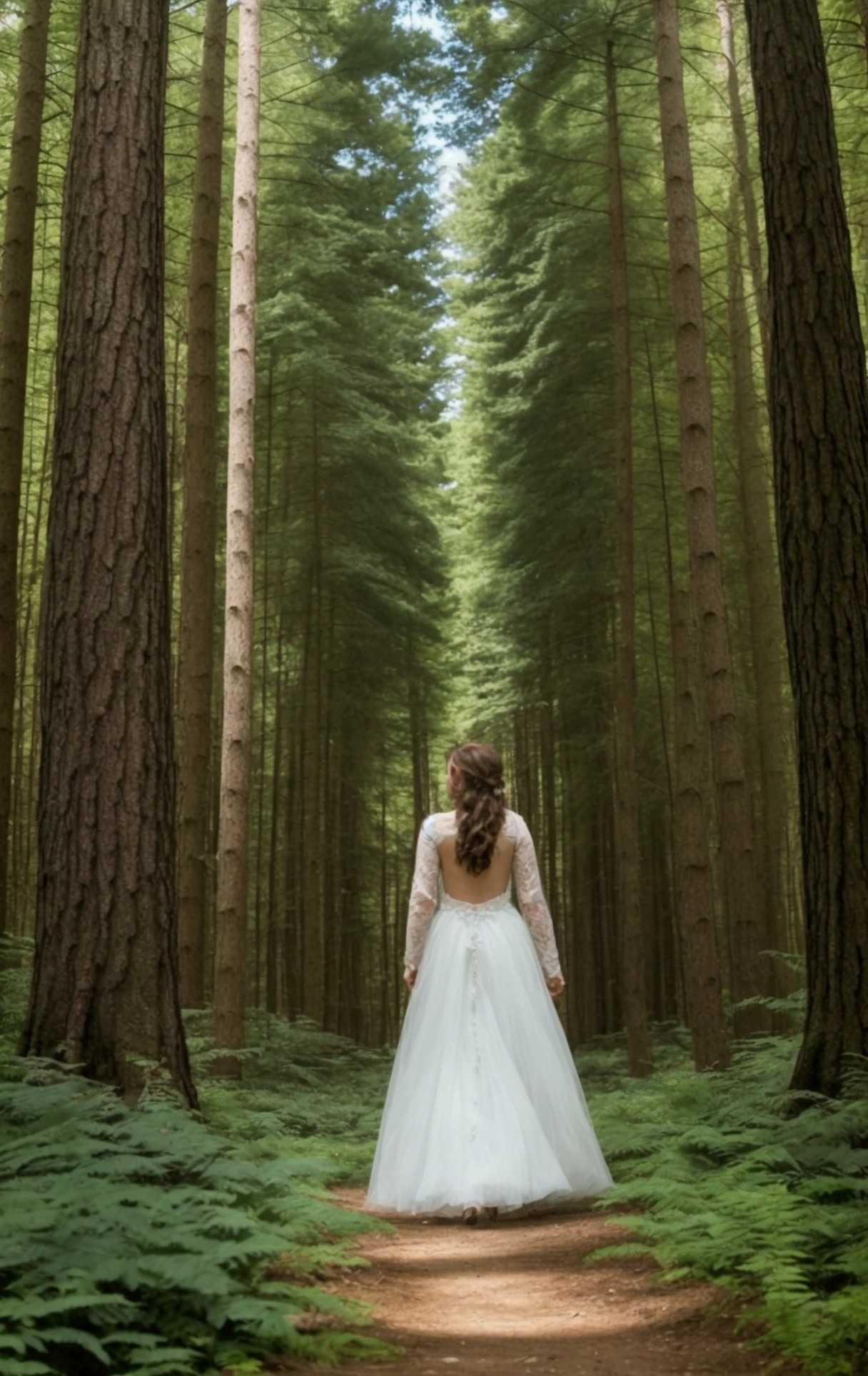 A  walks through the forest with her back turned