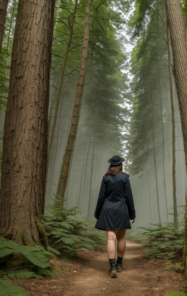 A walks through the forest with her back turned