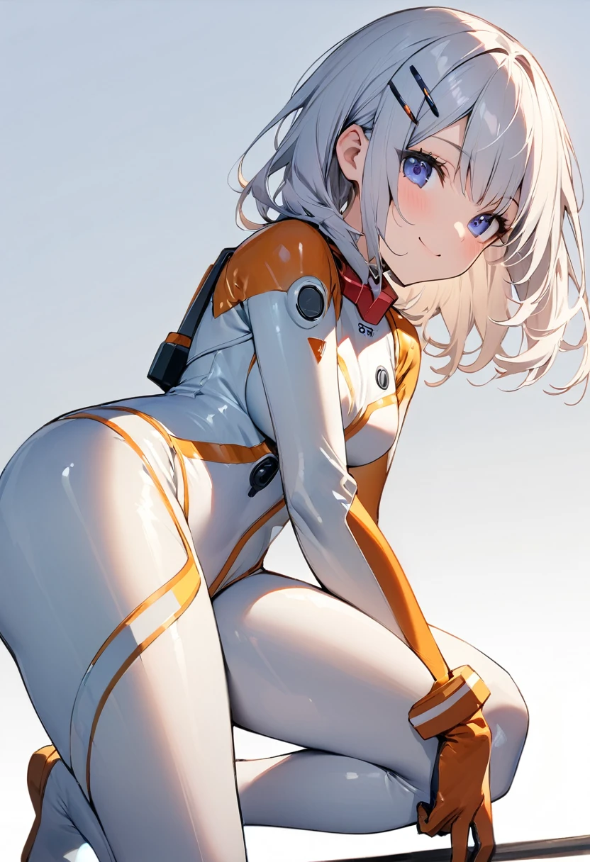 (masterpiece:1.2),Highest quality,Pixiv ,One girl,alone,View your viewers,,smile,White background only,whole body,From the side,One knee,,Look to the side、white background only、Hair Clip, wise_Bodysuits, Pilot Suit, gloves, Plug Suit, 白のBodysuits、No background