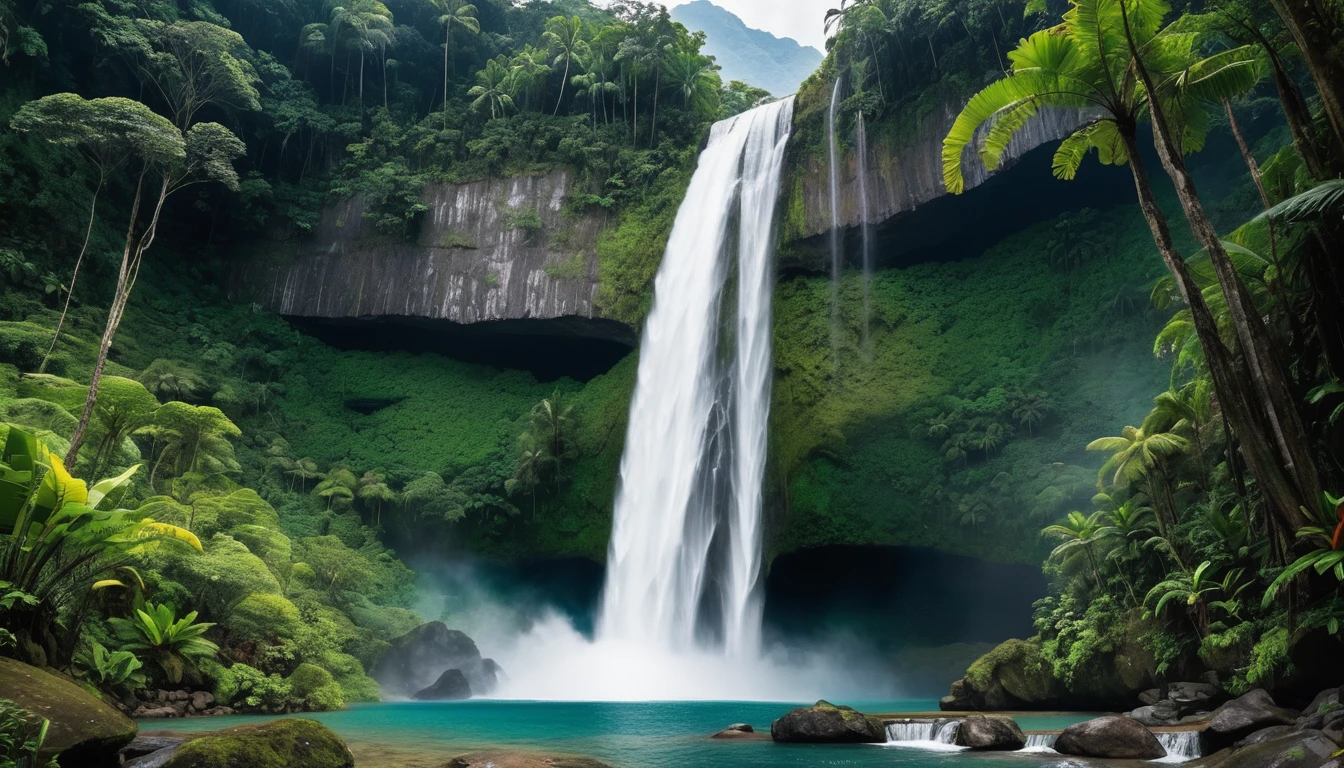 A majestic waterfall cascading down a lush green mountainside in the heart of a rainforest. The water is crystal clear and refreshing, and it crashes down into a pool at the bottom of the falls. The surrounding area is teeming with life, with plants of all shapes and sizes growing everywhere. There are also a variety of flowers in bloom, adding a splash of color to the scene. The overall impression is one of beauty and power, and the viewer is left feeling awestruck by the power of nature.