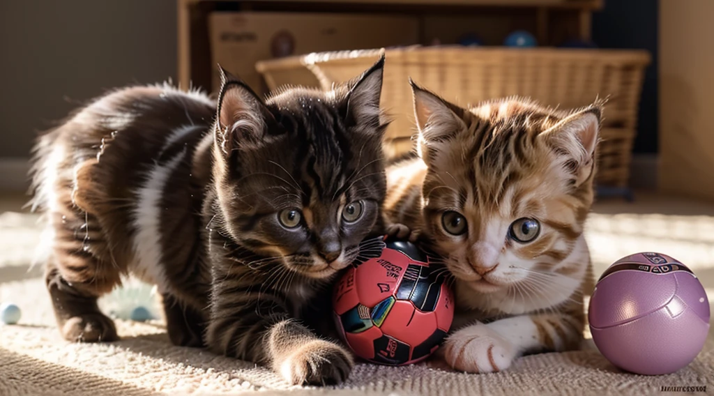 cute kittens playing with ball, 1 kitten, adorable kitten, kitten playing, kitten with ball, kitten playing with ball, soft fur, fluffy kitten, playful kitten, kitten playing happily, kitten looking at camera, kitten in bright lighting, high quality, detailed, photorealistic, 4k, studio lighting, vibrant colors, shallow depth of field, award winning photography