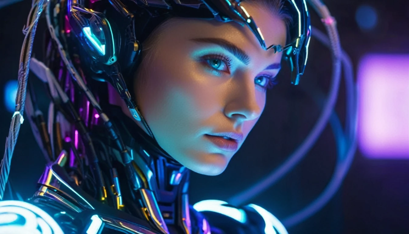 High angle camera view from above, A cinematic half body portrait of a cybernetic humanoid robot  with a futuristic white armor that seems to transcend time and space, intricately woven into her very being, encased in the cybernetic suit, move with fluidity and precision, resembles streams of neon lights, casting a vibrant glow that adds a touch of cyberpunk brilliance to his appearance. ((((Around his head swirly fast moving flowing a holographical neuronweb))). Each strand of neuronweb is meticulously crafted with holographic patterns that shimmer and shift, creating an ever-changing display of colors, intricate details, highly detailed, style: cyberpunk, realistic, cinematic, studio photo, fashion photography, wide-angle lens, half body shot, sharp focus, best shadow, depth of field, ultrarealistic detailed lighting, volumetric lighting, cinematic lighting, dramatic lighting, light rays, vintage color tones, cinestill, 8k, hdr, high-resolution, 35mm film,