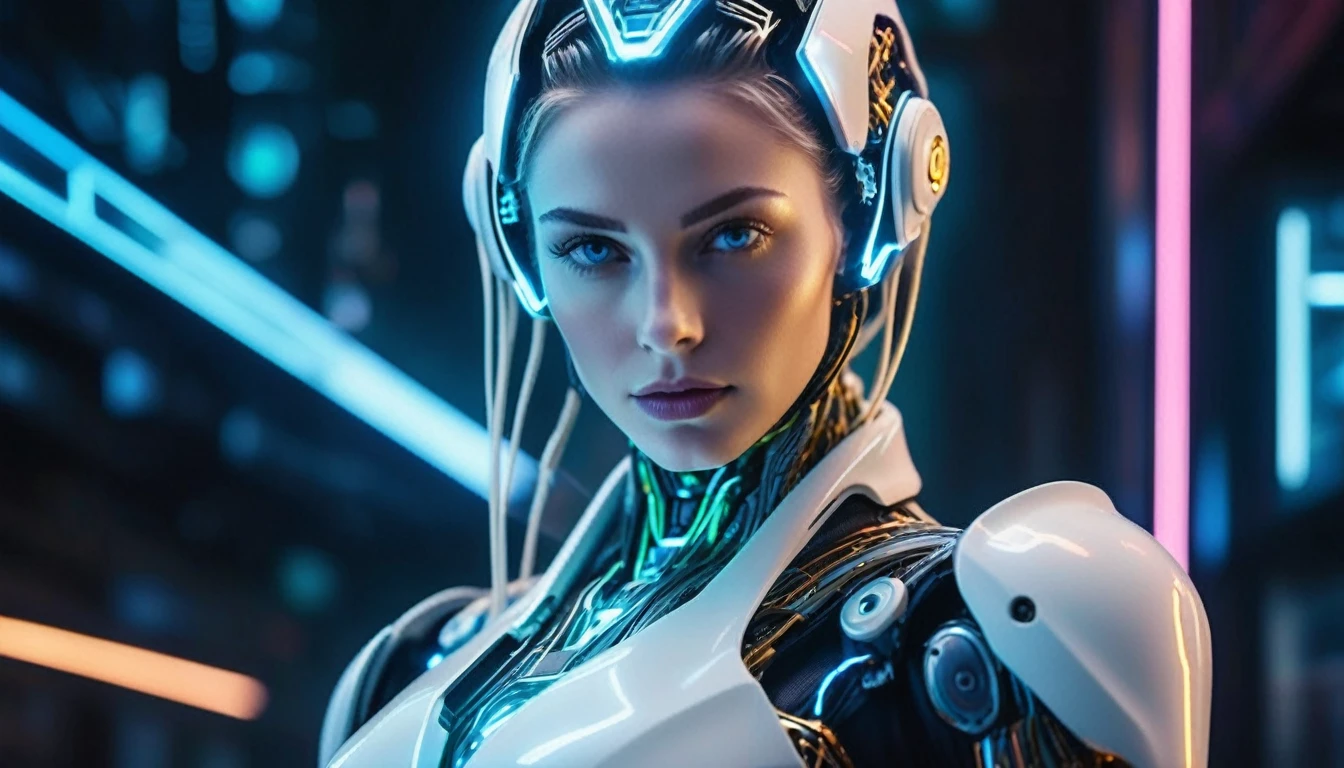 High angle camera view from above, A cinematic half body portrait of a cybernetic humanoid robot with a futuristic white armor that seems to transcend time and space, intricately woven into her very being, encased in the cybernetic suit, move with fluidity and precision, resembles streams of neon lights, casting a vibrant glow that adds a touch of cyberpunk brilliance to his appearance. ((((Around his head swirly fast moving flowing a holographical neuronweb))). Each strand of neuronweb is meticulously crafted with holographic patterns that shimmer and shift, creating an ever-changing display of colors, intricate details, highly detailed, style: cyberpunk, realistic, cinematic, studio photo, fashion photography, wide-angle lens, half body shot, sharp focus, best shadow, depth of field, ultrarealistic detailed lighting, volumetric lighting, cinematic lighting, dramatic lighting, light rays, vintage color tones, cinestill, 8k, hdr, high-resolution, 35mm film,
