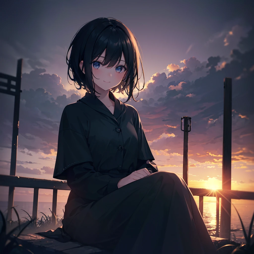 (Dark Scene, Soft lighting, High saturation):1.4, Vivid lighting, Enchanting elegance, Atmospheric Depth, Great technology, Naturalistic representation, Harmonious composition, Creative refinement, Striking contrast, (One beautiful girl), Sitting, smile, Expose, Short black hair ((sunset)),Volumetric Fog, Outdoor, Backlight