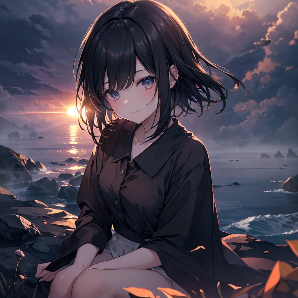 (Dark Scene, Soft lighting, High saturation):1.4, Vivid lighting, Enchanting elegance, Atmospheric Depth, Great technology, Naturalistic representation, Harmonious composition, Creative refinement, Striking contrast, (One beautiful girl), Sitting, smile, Expose, Short black hair ((sunset)),Volumetric Fog, Outdoor, Backlight