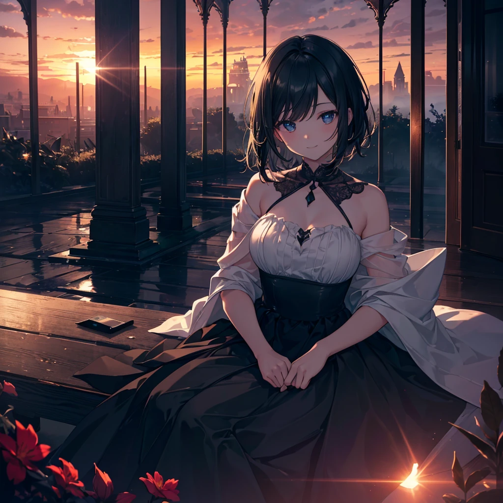 (Dark Scene, Soft lighting, High saturation):1.4, Vivid lighting, Enchanting elegance, Atmospheric Depth, Great technology, Naturalistic representation, Harmonious composition, Creative refinement, Striking contrast, (One beautiful girl), Sitting, smile, Expose, Short black hair ((sunset)),Volumetric Fog, Outdoor, Backlight