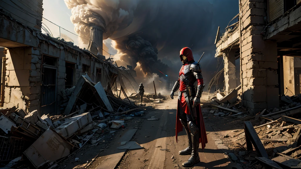 hdr, best 24k image, with shining armor a templar soldier, with a red hood, in front of a destroyed city, ruins fire, smoke, clear day