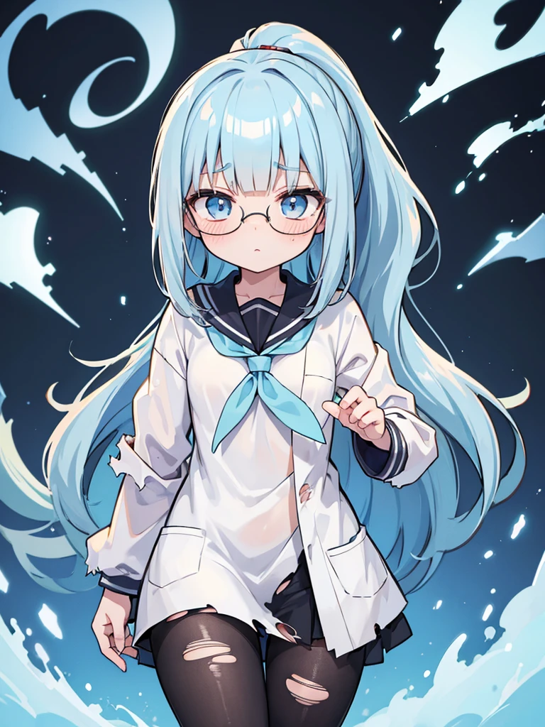 masterpiece, best quality, high quality, exquisite, medium hair, ponytail, blunt bangs, shiny hair, wavy hair, ((light blue hair,)) blue eyes, jitome, tareme, droopy eyes, pale skin, shiny skin, tiny, , small breasts, sailor uniform, ((lab coat,)) (black pantyhose,) glasses, blush, 10-year-old, ((((torn clothes,))))