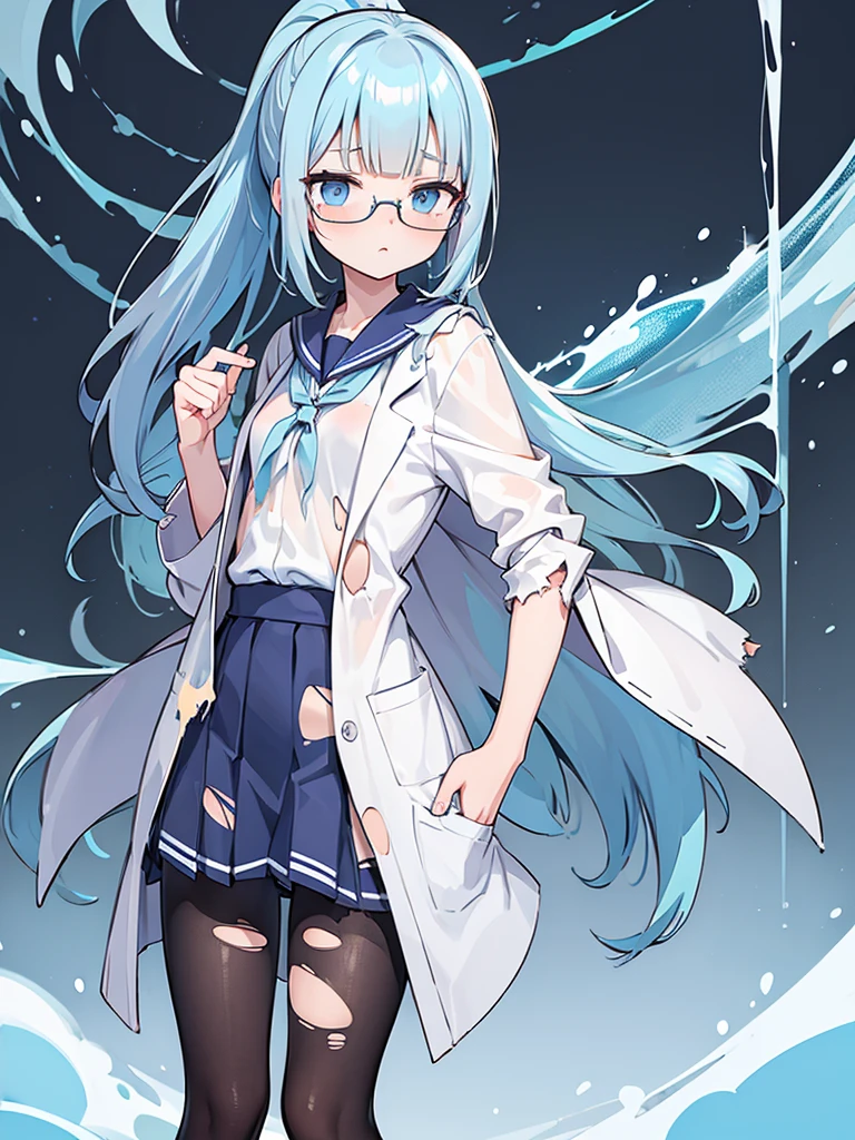 masterpiece, best quality, high quality, exquisite, medium hair, ponytail, blunt bangs, shiny hair, wavy hair, ((light blue hair,)) blue eyes, jitome, tareme, droopy eyes, pale skin, shiny skin, tiny, , small breasts, sailor uniform, ((lab coat,)) (black pantyhose,) glasses, blush, 10-year-old, ((((torn clothes,))))