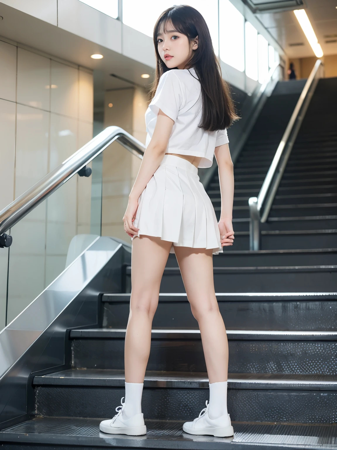 ((Highest quality)), ((masterpiece)), (Familiar), A high school girl riding an escalator on her way to school、((Full Body Shot:1.6))、(k-popのIVEのWONYOUNGにそっくりの女の子)、Glare、Navy Blazer、Micro Mini Skirt、Navy blue socks、(Back view)、Photo secrets、(((真From belowの眺め)))、Navy blue socksのクローズアップ、Manga panel layout、Manga Style、Station Escalator、Everybody line up on the left、(顔のみのコマとBack viewのコマ),((From below:0.1)),(I can see the pussy line:1.3)、((tall))、((Thin thighs))、((Long legs))、((long thighs))、((Long lower legs))、((Slim ankles))、((Long hands))