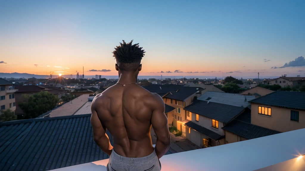 back view, black male, 22 years old, handsome, strong built, in rooftop of his home, looking at sunrise, overlooking houses, cinematic 4k, ultra detailed, hyper realistic