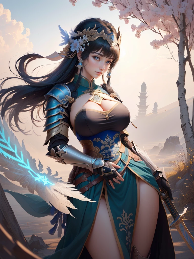 a woman in armor holding a sword and a feather, zhao yun, by Ju Lian, by Qu Leilei, chinese warrior, inspired by Shen Zhou, inspired by Li Mei-shu, by Li Zai, g liulian art style, a beautiful woman warrior, inspired by Li Rongjin, inspired by Ju Lian, beautiful character painting, xianxia hero, Highly detailed CG unit 8k wallpaper, masterpiece, High resolution, highest quality, highest quality real texture skin, Super Real, Digital Painting, Best image quality, 最High resolution, 8k, ((Highly detailed eyes and face, Beautiful eyes every detail)), (Saggy breasts, Gravity-dependent breasts, long chest, Heavy chest, disproportionate breasts, huge breasts, sagging breasts, gigantic breasts,), smile, black hair, profile,