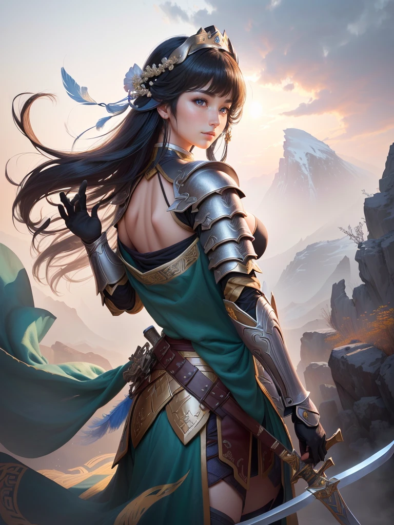 a woman in armor holding a sword and a feather, zhao yun, by Ju Lian, by Qu Leilei, chinese warrior, inspired by Shen Zhou, inspired by Li Mei-shu, by Li Zai, g liulian art style, a beautiful woman warrior, inspired by Li Rongjin, inspired by Ju Lian, beautiful character painting, xianxia hero, Highly detailed CG unit 8k wallpaper, masterpiece, High resolution, highest quality, highest quality real texture skin, Super Real, Digital Painting, Best image quality, 最High resolution, 8k, ((Highly detailed eyes and face, Beautiful eyes every detail)), (Saggy breasts, Gravity-dependent breasts, long chest, Heavy chest, disproportionate breasts, huge breasts, sagging breasts, gigantic breasts,), smile, black hair, profile,