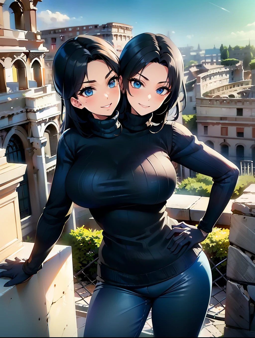 best quality, (masterpiece),(ultra-detailed), (high quality), (high resolution), ((2heads:1.5)), best quality:1.5, highres, UHD, 16K), smiling, highres, masterpiece, ((black hair with blue highlights)), ((Rome background:1.5)), blue eyes, ((black turtleneck sweater)), blue track pants, cowboy shot, ecchi style, anime girls, dark gloves, (seductive silhouette) 