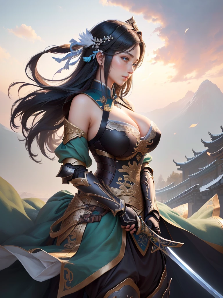 a woman in armor holding a sword and a feather, zhao yun, by Ju Lian, by Qu Leilei, chinese warrior, inspired by Shen Zhou, inspired by Li Mei-shu, by Li Zai, g liulian art style, a beautiful woman warrior, inspired by Li Rongjin, inspired by Ju Lian, beautiful character painting, xianxia hero, Highly detailed CG unit 8k wallpaper, masterpiece, High resolution, highest quality, highest quality real texture skin, Super Real, Digital Painting, Best image quality, 最High resolution, 8k, ((Highly detailed eyes and face, Beautiful eyes every detail)), (Saggy breasts, Gravity-dependent breasts, long chest, Heavy chest, disproportionate breasts, huge breasts, sagging breasts, gigantic breasts,), smile, black hair, profile,