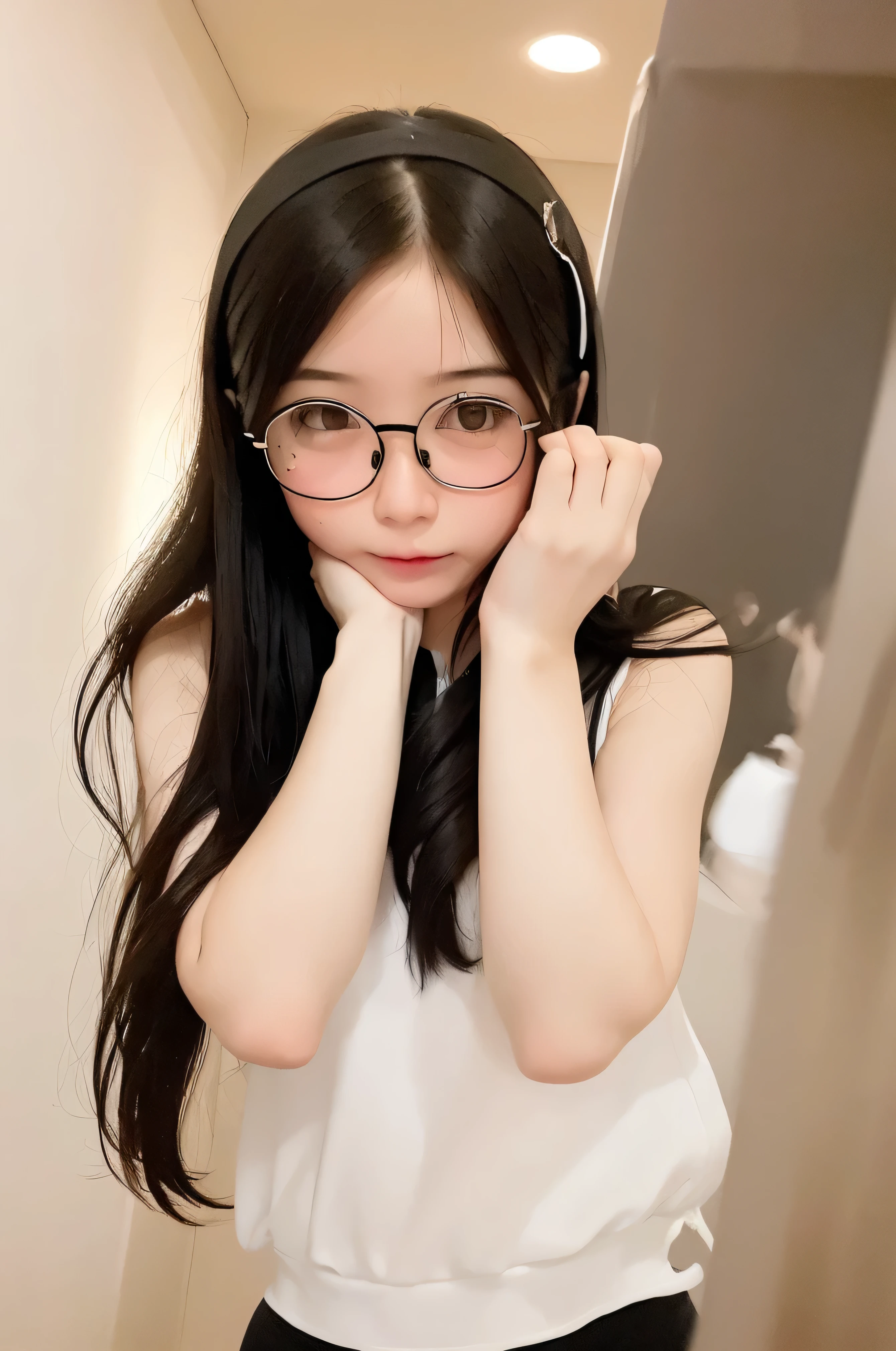 (masterpiece, Highest quality, It captures a very cute moment, Depth of written boundary, Super detailed, Ultra-high resolution, C4D, Octadale, 3D Modeling,Realistic human photos、 8k, 16K, One Girl,, 15 years old、Small breasts,Black Hair,short hair,Straight Hair,Light brown eyes,White headband,Wearing black glasses,Cute Face), Bloomers, Black tank top, zettai ryouiki, Wet clothes,Classroom Nights,Moonlight, Good elevator, Take off、Real-life skin、Not an anime、Realistic、