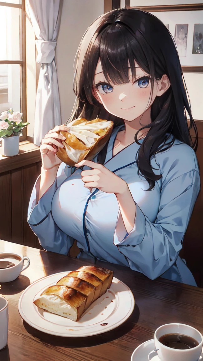 Best image quality, 8k, (Ultra-high resolution:1.5,Japanese,smile,Delicate eyes,Sensitive face,Attractive face,Long Black Hair、room、Light blue pajamas、breakfast(Eating bread)、coffee、Big Breasts、Sleepy look