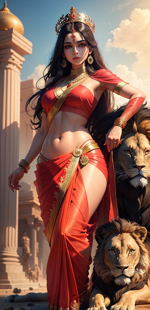 (Highly detailed), (Illustration), (Convoluted), (Beautiful face), (Attractive body), (Complete Body Picture), Modern Indian Goddess, (Transparent Red Sari), Dynamic Pose, God's Crown, (Lion Standing Nearby), Colorful, Eye-catching, Heavenly.