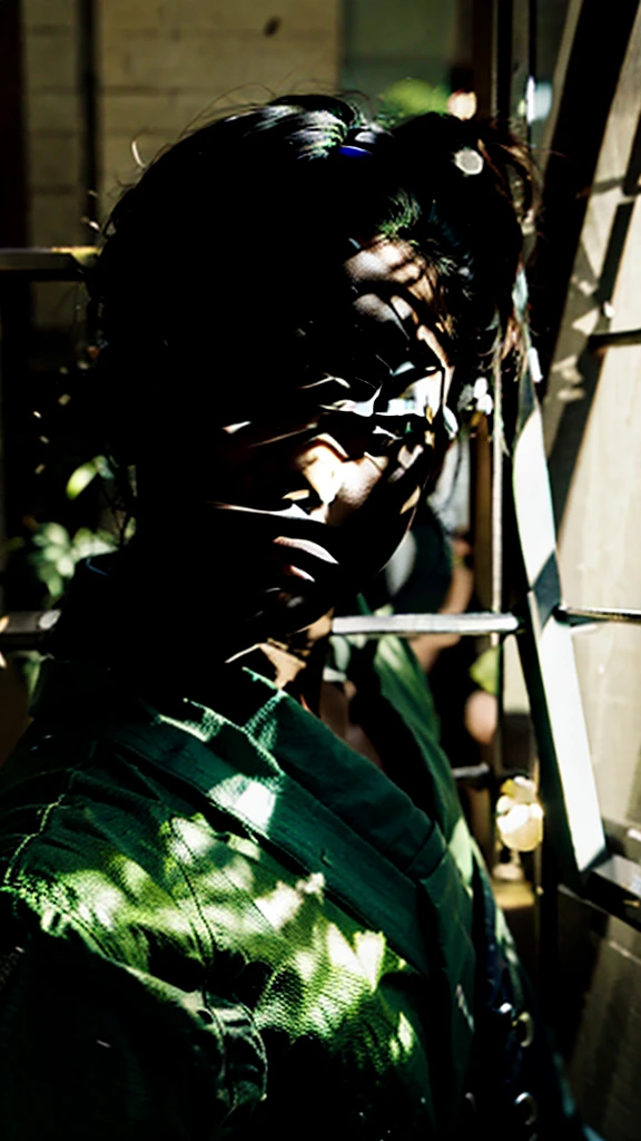 A HANDSOME YOUNG MAN, NAMED (ZORO) WITH SHORT GREEN HAIR, AND A SCAR ON THE LEFT EYE, AS WELL AS A GREEN KIMONO, AND A KATANA SWORD, WAS SITTING AT THE TOP OF THE TOWER, WITH REALISTIC, URBAN EFFECTS, AND THE EFFECT OF FIREFlies FLYING IN THE AIR IN YELLOW , WITH HIGH LIGHTING RESOLUTION, AND FKTO DISPLAY OF THE WHOLE BAFAN WITH SHARP CONTRACT IN ANAIM, HDR, 4K.