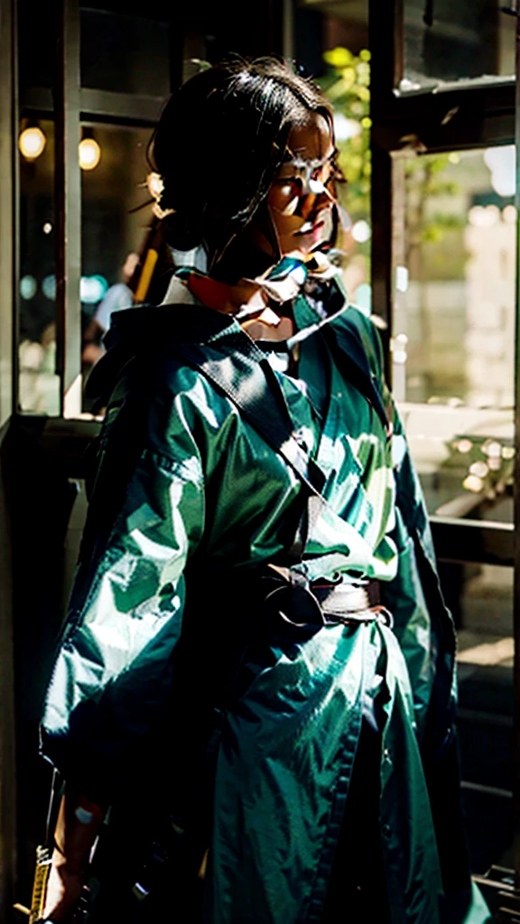 A HANDSOME YOUNG MAN, NAMED (ZORO) WITH SHORT GREEN HAIR, AND A SCAR ON THE LEFT EYE, AS WELL AS A GREEN KIMONO, AND A KATANA SWORD, WAS SITTING AT THE TOP OF THE TOWER, WITH REALISTIC, URBAN EFFECTS, AND THE EFFECT OF FIREFlies FLYING IN THE AIR IN YELLOW , WITH HIGH LIGHTING RESOLUTION, AND FKTO DISPLAY OF THE WHOLE BAFAN WITH SHARP CONTRACT IN ANAIM, HDR, 4K.