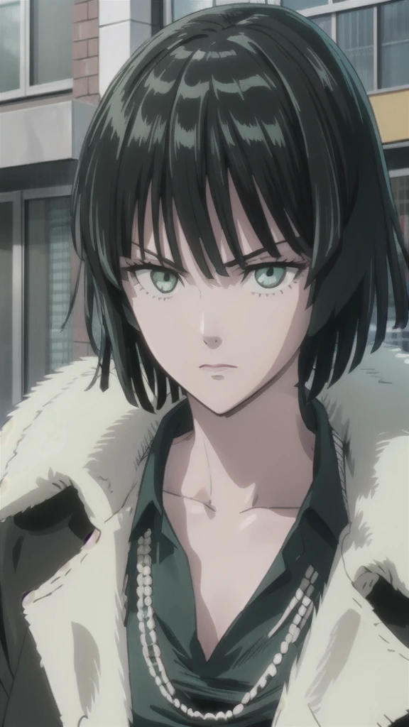 (((pixel-perfect, detail-perfect))), solo, 1girl, fubuki, fur coat, collared dress, collarbone, necklace, looking at viewer, closed mouth