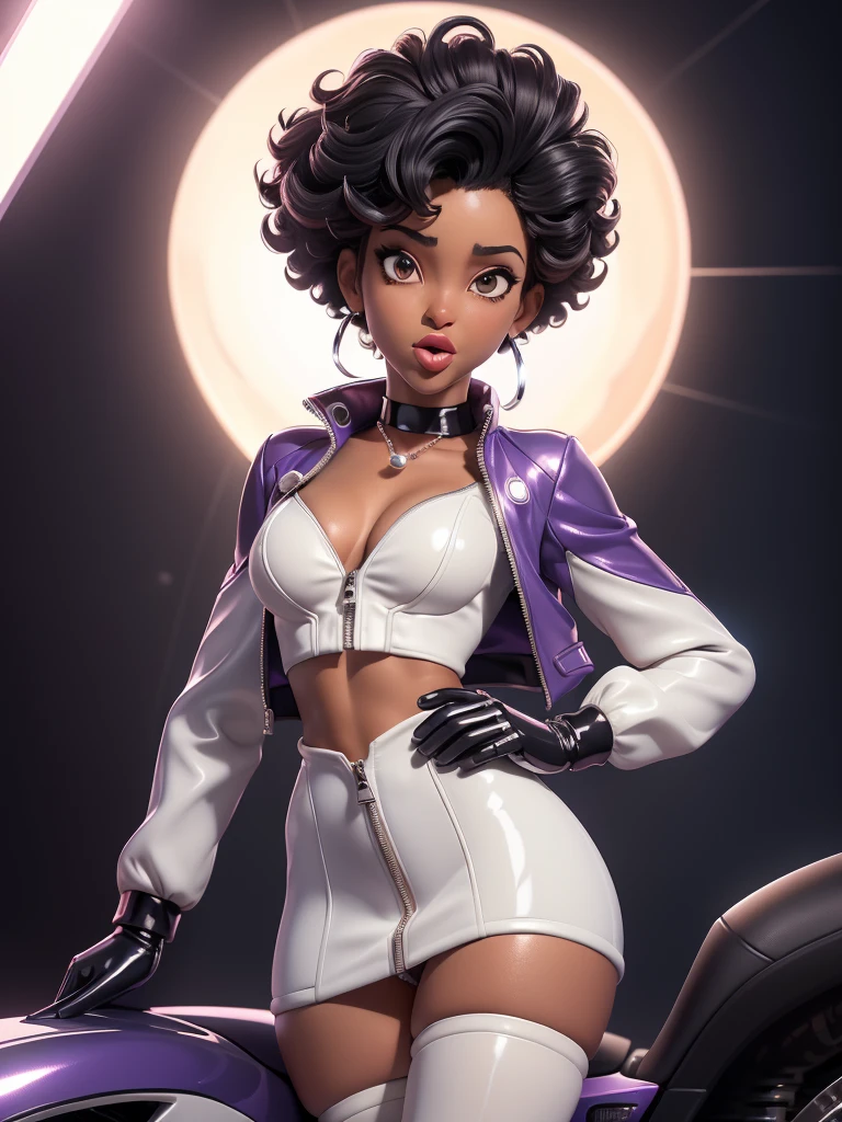 obra prima, melhor qualidade, ((one woman only,)) ((sage steele, dark black skin, brillo afro style hair, thin lips, shiny pearl lipstick,)) head back, ((sexy sultry wicked look, open mouth, pucker mouth,)) ((wearing shiny periwinkle pvc biker blazer,)) ((jacket is unzipped and wide open, small breasts, nip slip,)) jacket has padded puff shoulders, shiny leather gloves, ((shiny cream white micro mini pvc skirt,)) body is skinny, shiny tight buttocks, ((in luxury convertible, sexy tongue kissing, stick shift between legs,)) (camera view of whole body,) looking up at me, shallow depth of field, highres, HD, 8k, anatomically correct