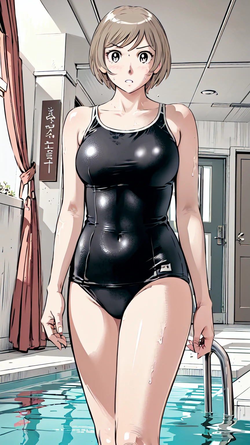 Blonde, (short hair:1.2)、((Illustration of a person))、Big Breasts、
View your viewers,, (Highest quality:1.3),Blue Eye Star Piece、Highest quality)、Highest quality, Ultra-high resolution, (((masterpiece))), alone, Sweat、Big eyes、Big Breasts、One Girl, Front view、Embarrassed face、Bronze colored hair、((short hair))、One Girl, alone, blush, Big Breasts,
Bare arms, Wet, Pool, 青いSchool Swimsuit, Thighs, Place your arms at your sides, Bare arms, Cowboy Shot, Are standing, School Swimsuit,bite、High Leg、mansuji
