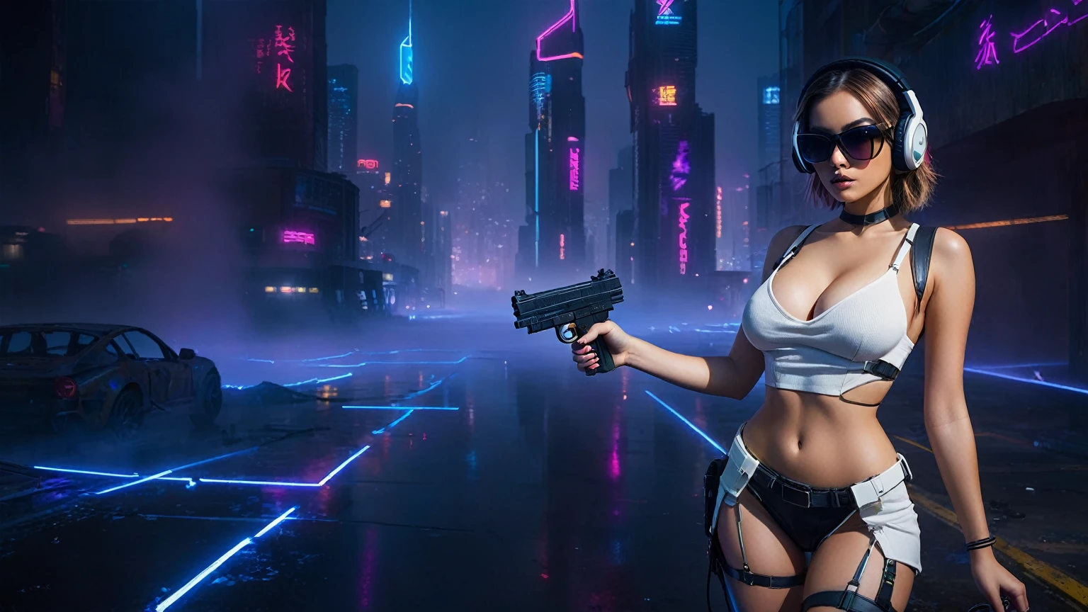 dark futuristic landscape, at night, neon lights, Atmospheric fog, large buildings in the background, futuristic city, streets with open shops, skyscraper (postapocalyptic city:1.3). (((1girl, solo, alone))), large-breast:1.2 slim body, cleavage:1.1, sexy miniskirt, (((headphone, black sunglasses, standing and holding pistol pose))), (((half-body thigh level medium shot))), cinematic lighting, lens flare, ray tracing.