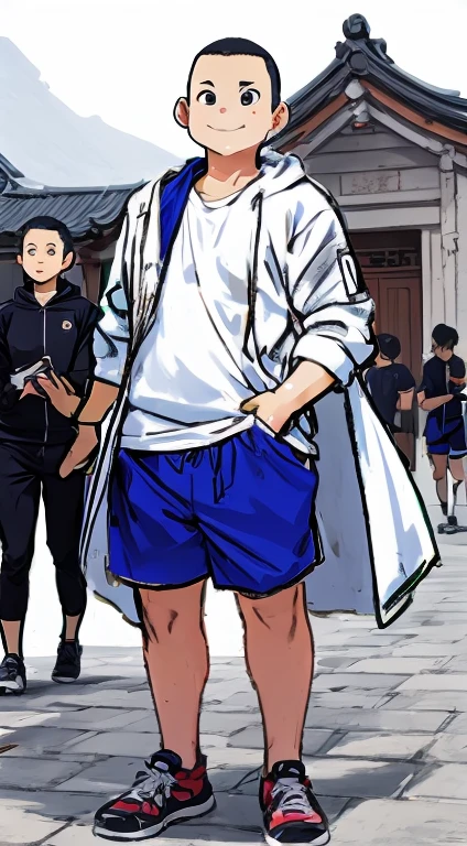 A group of chubby, ugly, shaved-headed boys are smiling and wearing white happi coats and gym shorts, standing in the shrine square.。