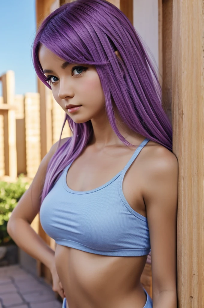 Genera yna muscular anime girl with lilac hair honey eyes
