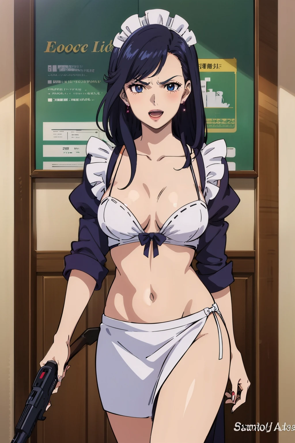 anime style, best quality, high resolution, 1girl, solo, large breasts, smile, saeko, long hair, blush, lipstick, long hair, crazy eyes ,Hot girl, baddie, staring, glaring, bad attitude, mean girl, dare, angry, hate, crazy, smoking, sensual, attractive, jewelry, earrings, complex detailed background, casino environment, fancy interior environment, rich
interior, masterpiece, best quality, highly detailed, a anime girl in maid uniforms, holding pistol, maid
outfit, cleavage, evil smile, smile, open mouth ,ecchi anime style, anime girls, ecchi style, ecchi, digital
anime art!!, in anime style, official artwork, (nsfw) not safe for work, beautiful anime maid girl, anime
style 4 k, micro skirt, exposed belly, exposed navel, exposed midriff, exposed lower belly, holding a gun