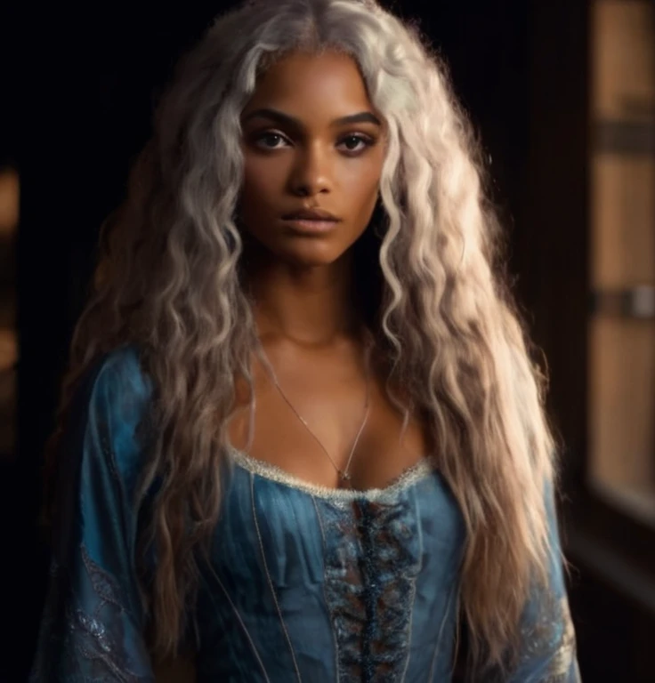 Fashionable, medieval dress, white hair, curly hair, violet eyes, glowing eyes, beautiful black muscular woman, black latina skin, long white long hair, futuristic design, minimal details, detailed dress, givenchy, photoreal, 200mm, hd, f/ 2.0, highly detailed, surreal , drop dead, in the style of red and blue, (intricate details, hyperdetailed:1.15) (skin texture:1.2), cinematic, professional, 4k, (((dynamic model pose))), sitting, full body, mesmerizing, dynamic, dramatic, sensual, dynamic pose, highly detailed skin with hair, subcutaneous veins, light and shadow play, highly detailed,24mm photograph, film, bokeh, professional, 4k,
