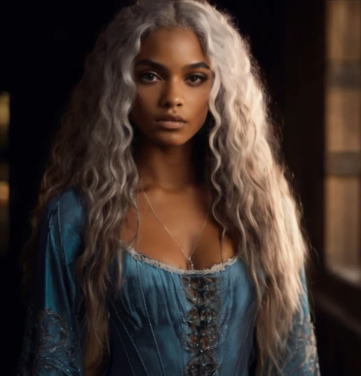 Fashionable, medieval dress, white hair, curly hair, violet eyes, glowing eyes, beautiful black muscular woman, black latina skin, long white long hair, futuristic design, minimal details, detailed dress, givenchy, photoreal, 200mm, hd, f/ 2.0, highly detailed, surreal , drop dead, in the style of red and blue, (intricate details, hyperdetailed:1.15) (skin texture:1.2), cinematic, professional, 4k, (((dynamic model pose))), sitting, full body, mesmerizing, dynamic, dramatic, sensual, dynamic pose, highly detailed skin with hair, subcutaneous veins, light and shadow play, highly detailed,24mm photograph, film, bokeh, professional, 4k,