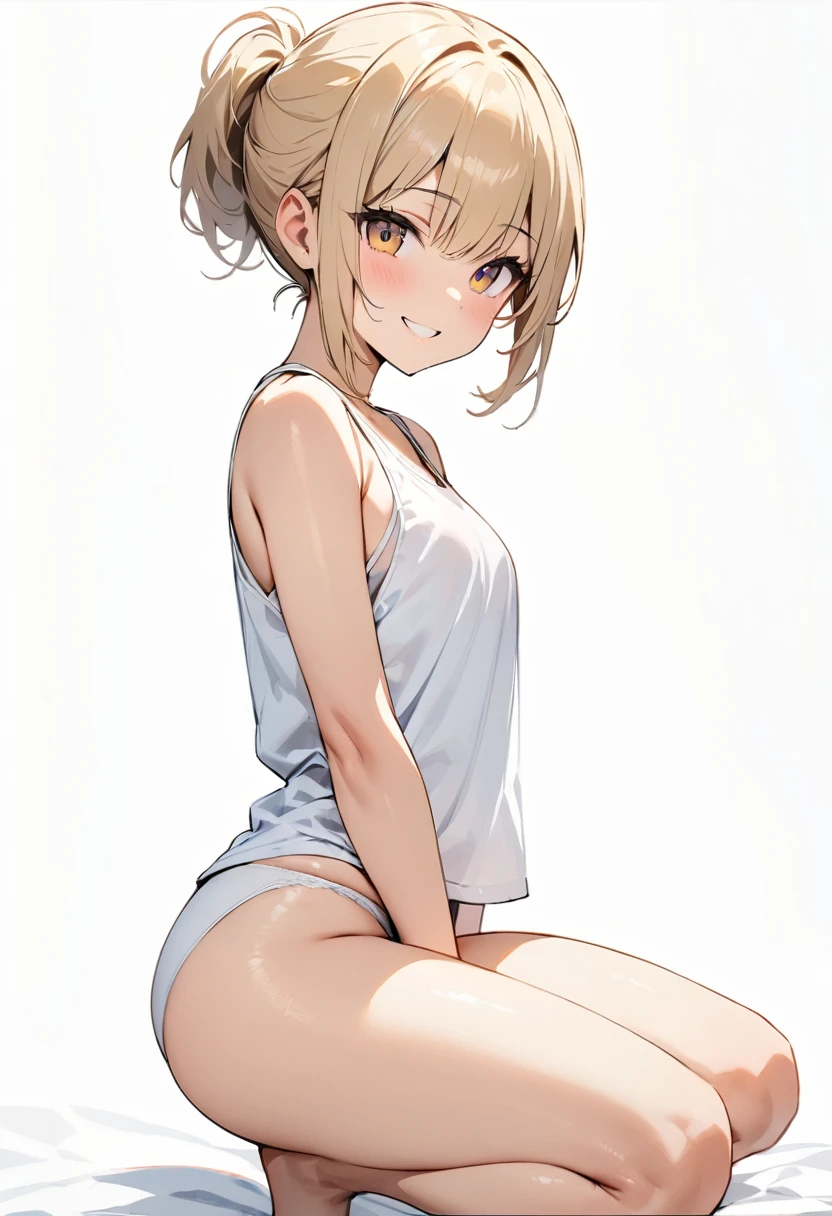 (masterpiece:1.2),Highest quality,Pixiv ,One girl,alone,View your viewers,,smile,White background only,whole body,From the side,One knee,,Look to the side、white background only、(Tight white tank top、Perfect white panties)