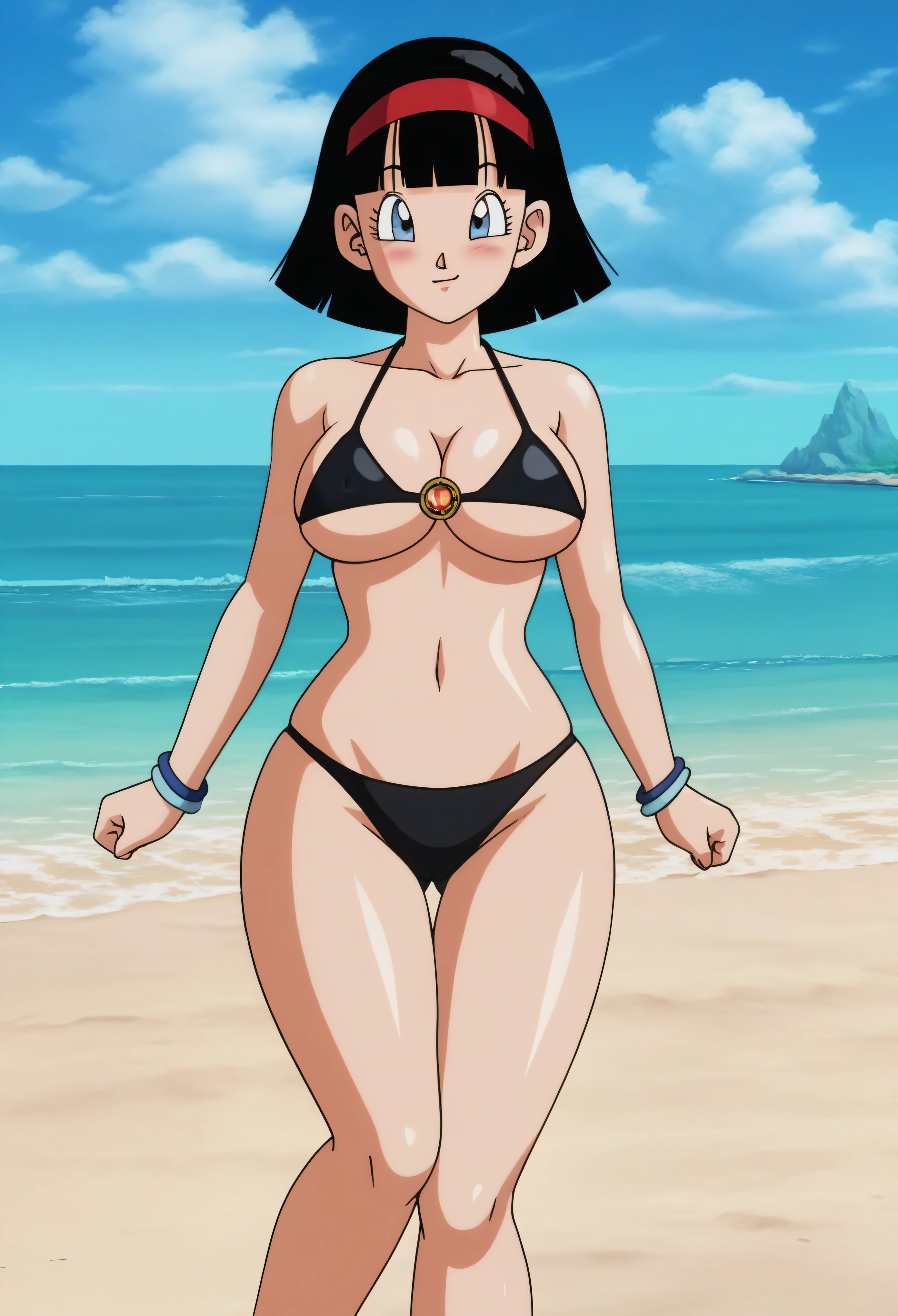 source_anime, score_9, score_8_up, score_7_up, anime screencap,8k, absurd res,
videl, dragon ball super, bob cut, 1girl, solo, breasts, short hair, blue eyes, large breasts, black hair, full body,
(extremely detailed CG unity 4k wallpaper),(masterpiece),(best quality),(ultra-detailed),(best illustration),(best shadow),(absurdres),(detailed background), looking_at_viewer, blushed smile, large_breasts, cleavage, bare_shoulders, sitting, collarbone, crossed_legs, black underwear, from_below, breasts, large breasts, big breasts, huge breasts, big tits, giant breasts, small bikini, bikini, bare shoulders, bare arms, beach, ocean, underboob