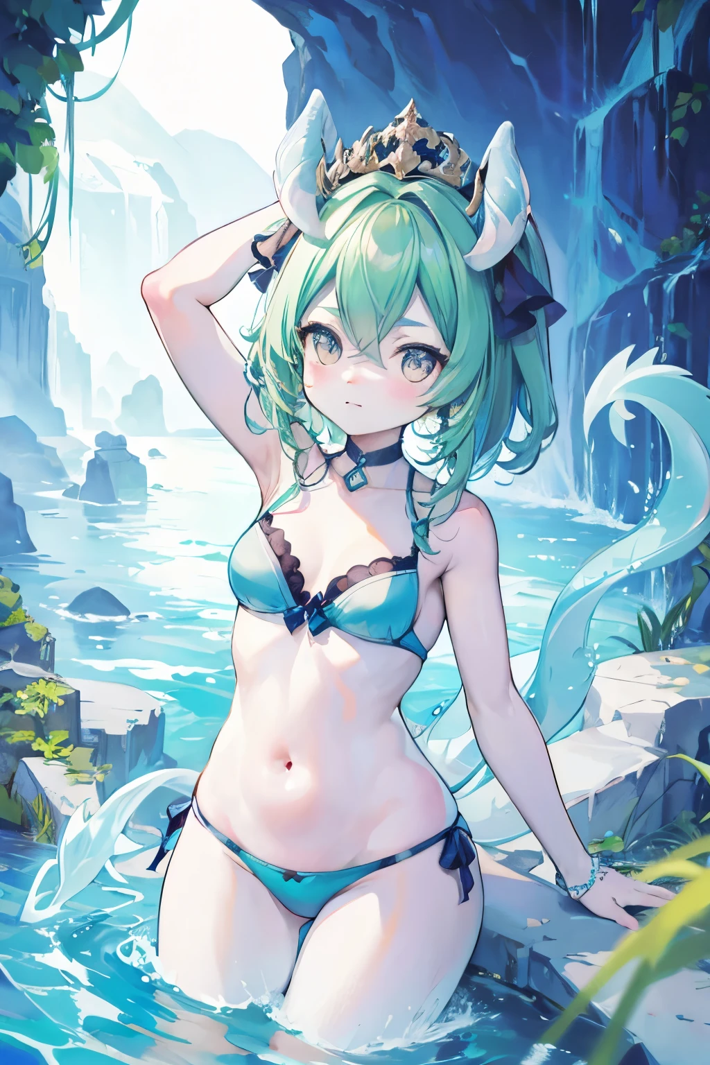 1 girl, pastel colours, brown-hair, hair up to the shoulders, elf ears, tight split swimsuit, Beach, Huge-breasts, small girl, confusion, Large thighs