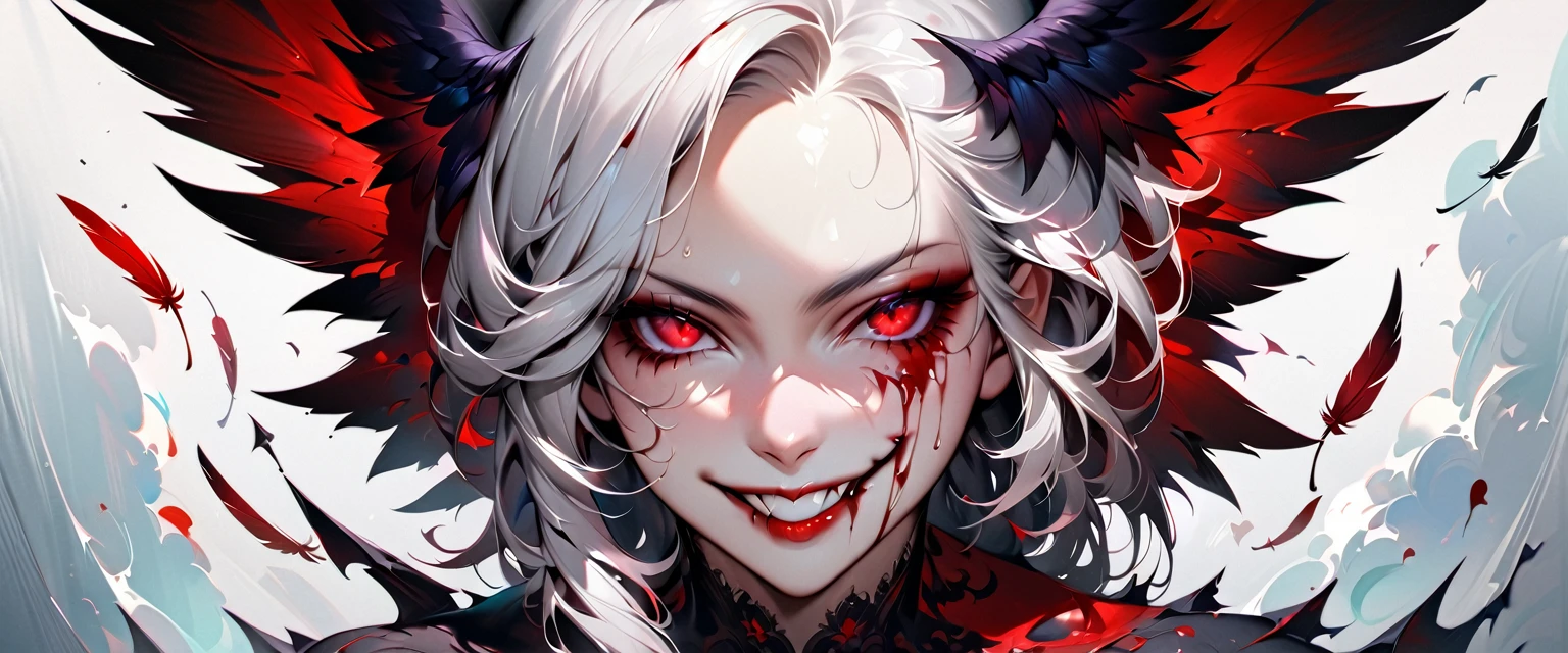 ((Nsfw, Vulgar)),wet-on-wet oil painting depicting a dark angel, a semi-realistic full body portrait, blood on the angel face,, red eyes, gorgeous painting, breathtaking, semirealistic, beautiful colors, evil, beautiful red eyes, detailed textures, dark feathers, blood, white hair, evil grin, evil smile