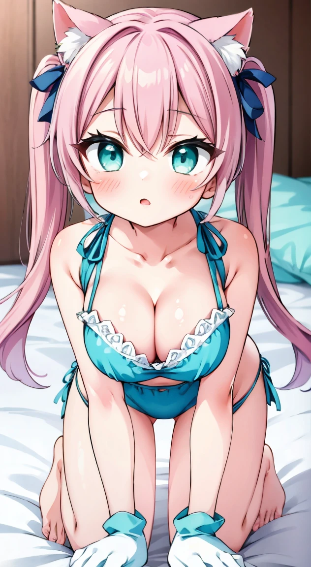 Light green,Aqua Color,Side tie panties,The ribbon is lovely, Ribbon Panties,Cats are good, Lace panties,Pink Hair,Twin tails,blush, full-face blush,masterpiece, Highest quality, (anime screencap:1.3),(shape), cute,(Simple:1), (anime:1.2),Solo Sharp Focus, 1 girl, Cleavage,Looking at the audience,Leaning forward on all fours,,front leg pose,(Hand Paw Gloves),room,bed,(( Aqua Color,cat lingerie1.1)),Big Breasts,Beautiful breasts,Beautiful Hips,Accentuate your breasts,((pastel colour,cat lingerie))Twin tailsヘア,Sky Color,Puffy eyes,cute eyes,front leg pose,（Cat ears 1.1）,