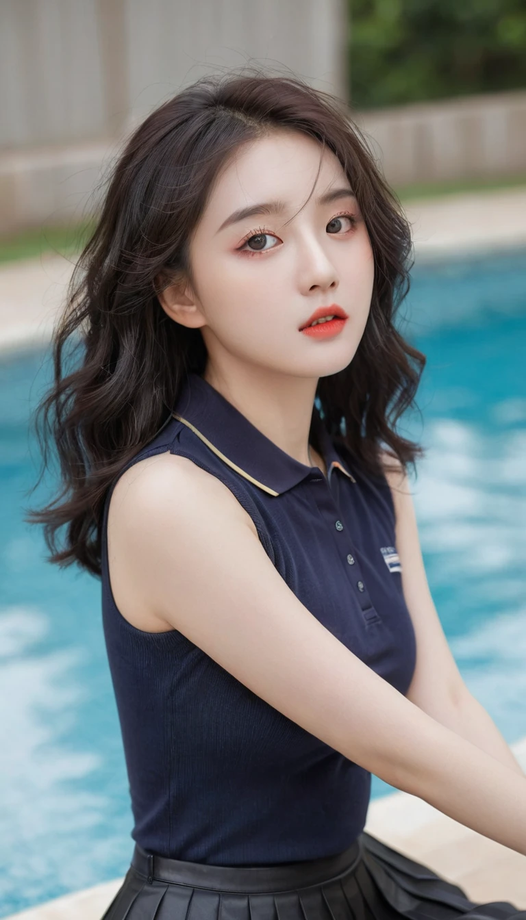 (Surrealism), (illustration), (high resolution), (8K), (Extremely detailed), (best illustration), (美丽而精致的Eye), (best quality), (Very detailed), (masterpiece), ( wallpaper), (Delicate face), solitary, 1 girl, White curly hair, Korean, Heterochromic Eyes, Eye下面有一颗小痣,, Large Breasts, Long legs, Tight abdominal muscles, Camel toe, Dynamic poses, High school girl, Ms. Boyish, Gravure printing, Sexy, (Black shirt:1.21), (Black short-sleeved sports polo shirt:1.6), (Navy blue pleated skirt:1.21), (By the vast summer pool:1.37), Perfect composition, ((Realistic perfect circle deep black super ridiculous details_Eye: 1.3, Extreme quality and resolution)), (Pale), ((Ultra-realistic sharp Eye, Obvious absurd quality, Not blurry,)), ((Fine pupils:1.4)), (Perfect makeup:1.35), ((Ultra-detailed symmetrical lips:1.3)), ((V-shaped jaw)), (Light glossy red_Lipstick:1.35), ((Super absurd realism long details_blue_eyelash: 1.25 Super Ridiculous Quality)), ((Perfect Dark_Eyehadows:1.45)), (Extremely detailed, Beautiful little nose:1.2), (Perfect composition), ((Pale skin:1.28)), ((Dry skin)), (flat chest), (Slim lower body), (Short hair handsome:1.37),