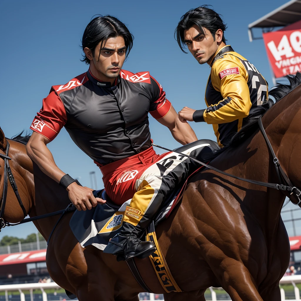 A 27 year old man that is a muscular, attractive, black hair with somewhat tan skin, brown eyes, sharp jawline, thick eyebrows, racing silks outfit with bright and colorful patterns. Background is a race track outside during the day.