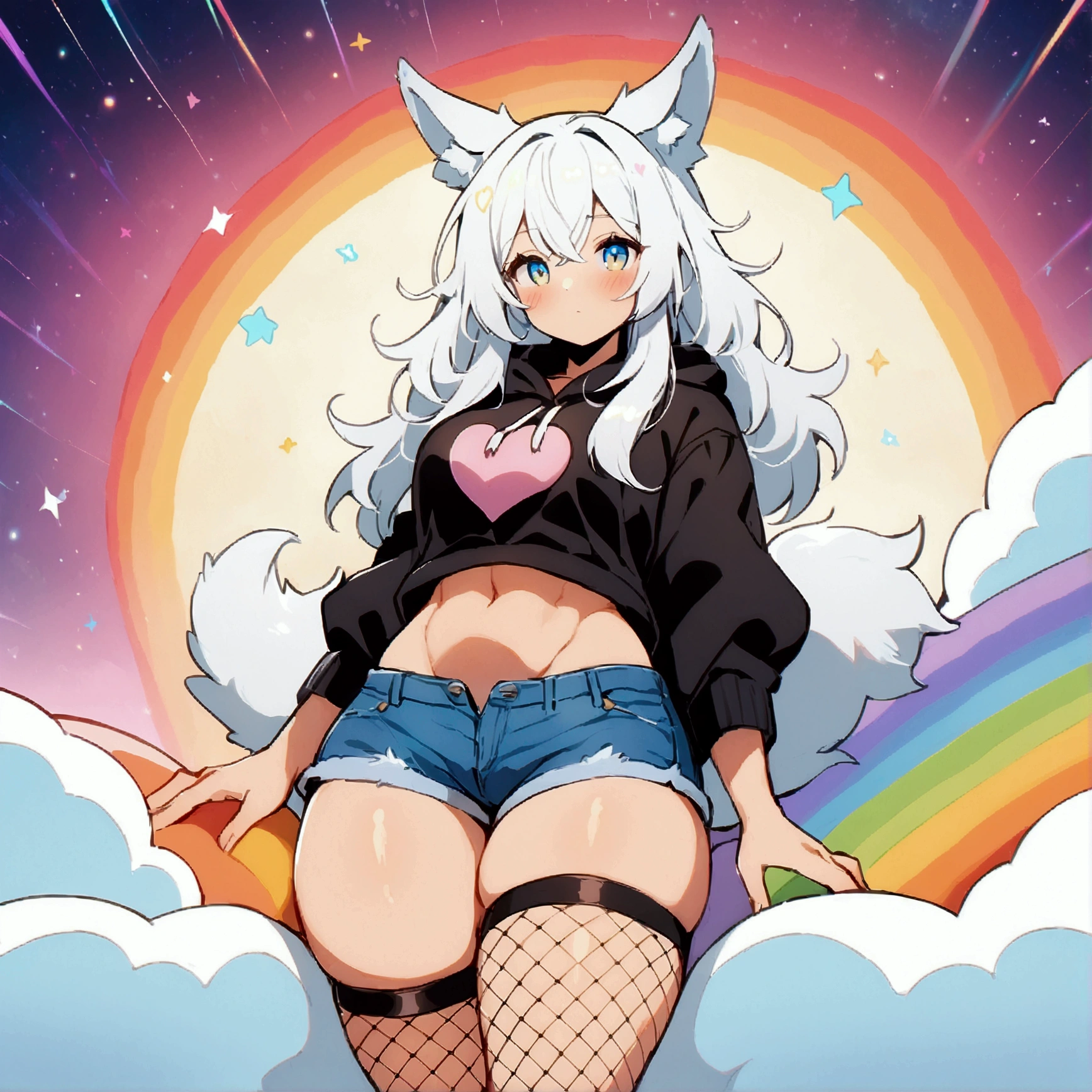 a cute adult male with wolf ears, long white hair, long locks, has a wolf tail, wearing a loose cropped black hoodie, wearing a pair of denim short shorts and fishnet stockings, thick thighs, wide hips, relaxing on mound of fluffy multi colored kawaii plushies, short, very slim, showing slender tummy, heart on hoodie, squishy thighs, has glowing blue eyes. alone, solo (ALONE)(SOLO), surrounded by rainbows, colorful galaxy backround,