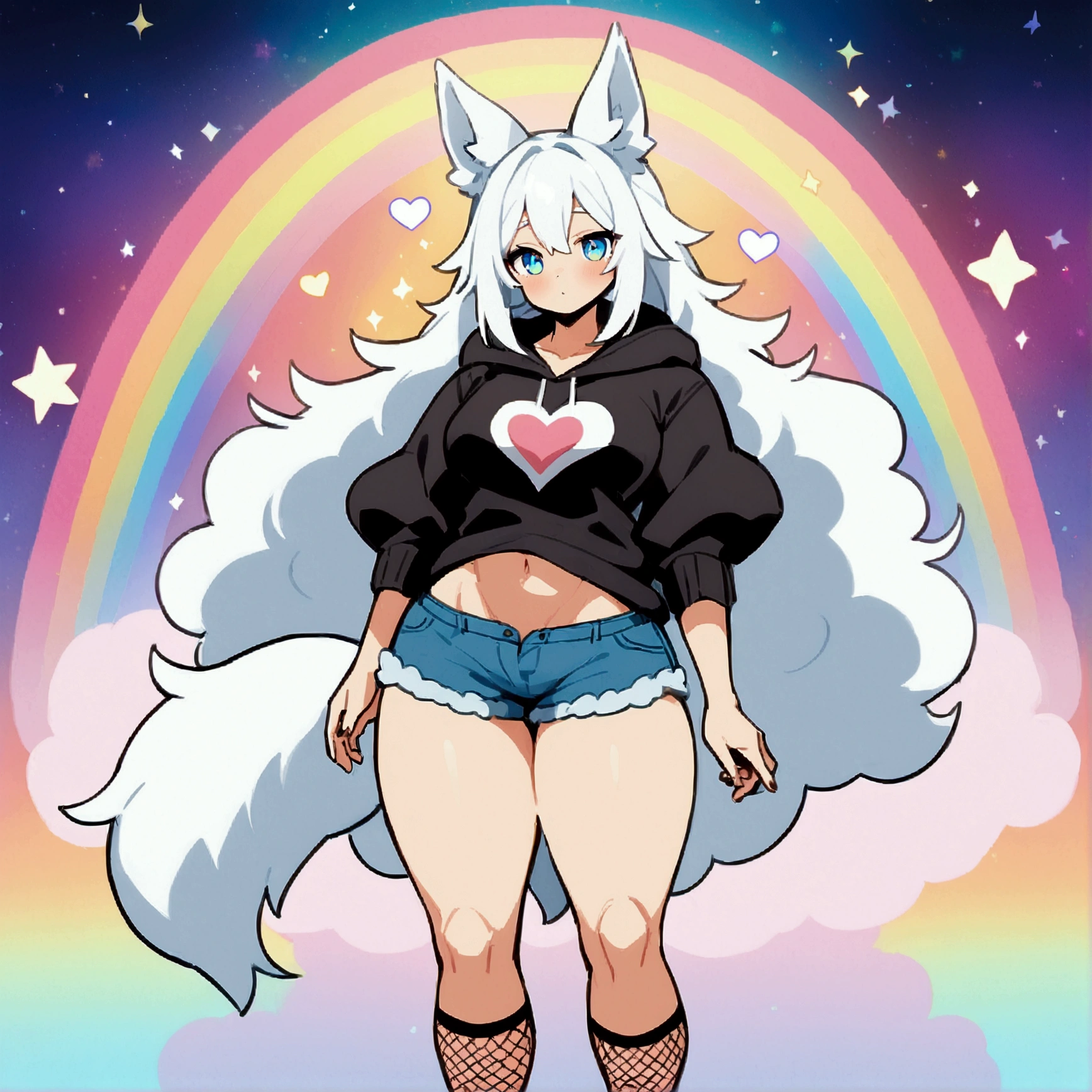 a cute adult male with wolf ears, long white hair, long locks, has a wolf tail, wearing a loose cropped black hoodie, wearing a pair of denim short shorts and fishnet stockings, thick thighs, wide hips, relaxing on mound of fluffy multi colored kawaii plushies, short, very slim, showing slender tummy, heart on hoodie, squishy thighs, has glowing blue eyes. alone, solo (ALONE)(SOLO), surrounded by rainbows, colorful galaxy backround,