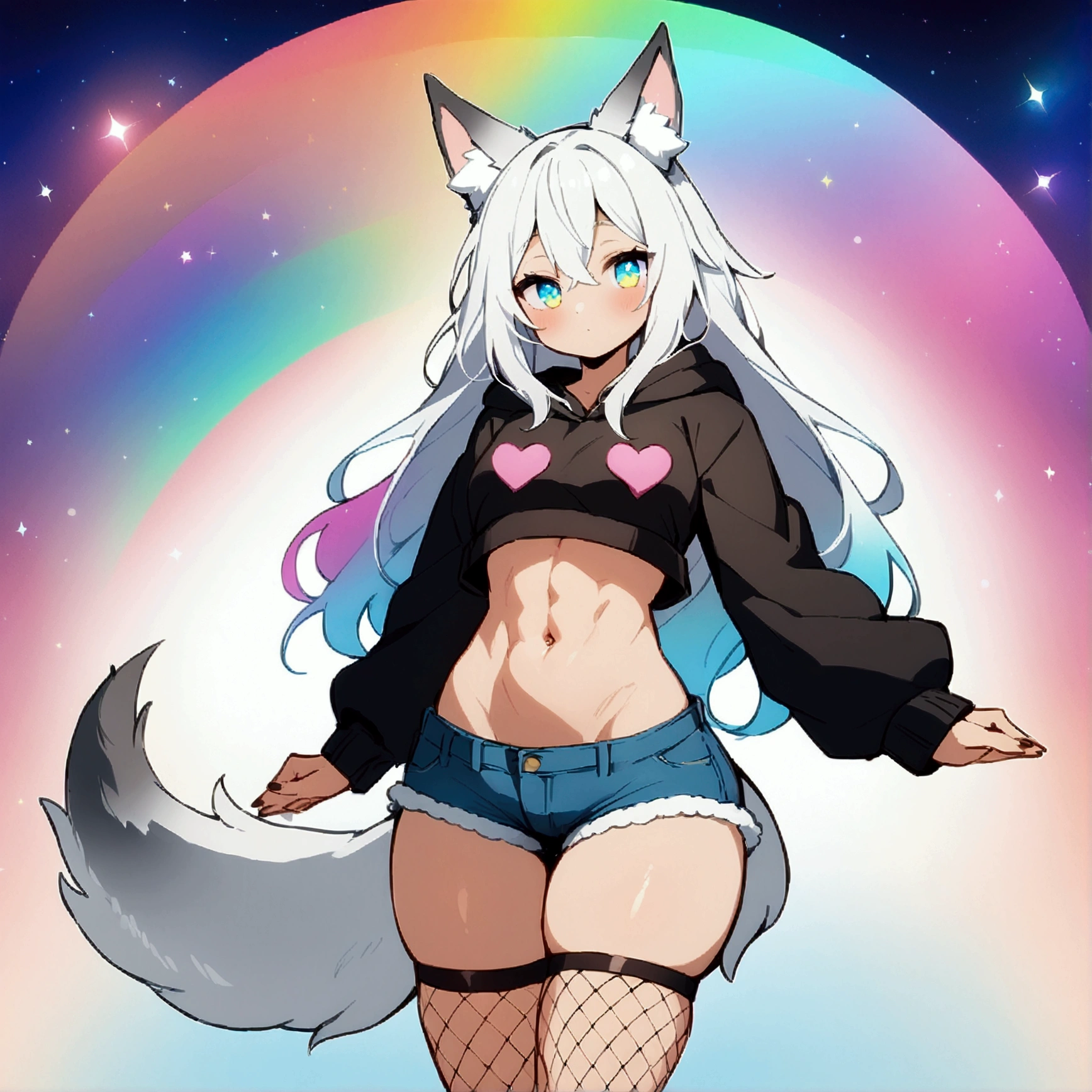 a cute adult male with wolf ears, long white hair, long locks, has a wolf tail, wearing a loose cropped black hoodie, wearing a pair of denim short shorts and fishnet stockings, thick thighs, wide hips, relaxing on mound of fluffy multi colored kawaii plushies, short, very slim, showing slender tummy, heart on hoodie, squishy thighs, has glowing blue eyes. alone, solo (ALONE)(SOLO), surrounded by rainbows, colorful galaxy backround,