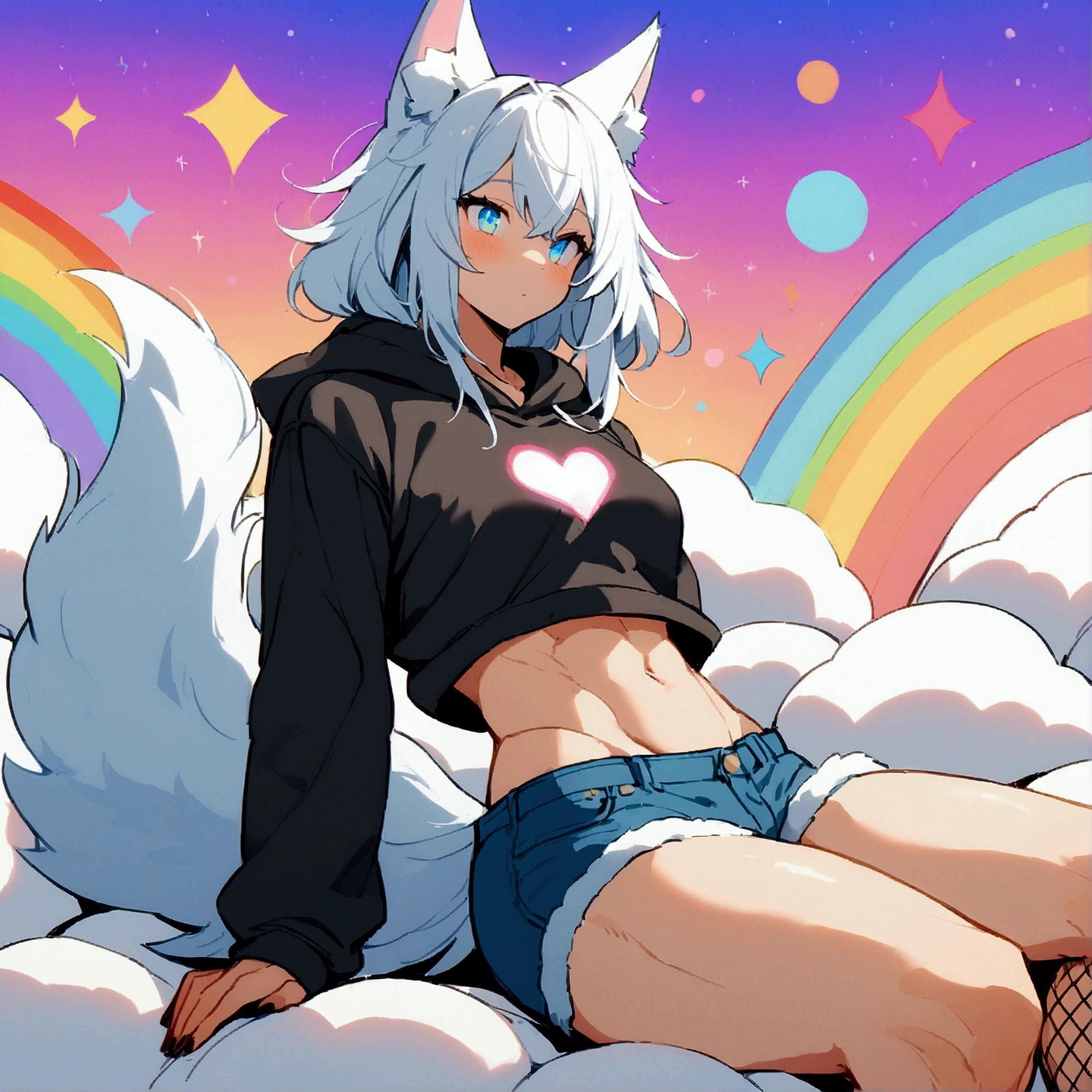 a cute adult male with wolf ears, long white hair, long locks, has a wolf tail, wearing a loose cropped black hoodie, wearing a pair of denim short shorts and fishnet stockings, thick thighs, wide hips, relaxing on mound of fluffy multi colored kawaii plushies, short, very slim, showing slender tummy, heart on hoodie, squishy thighs, has glowing blue eyes. alone, solo (ALONE)(SOLO), surrounded by rainbows, colorful galaxy backround,