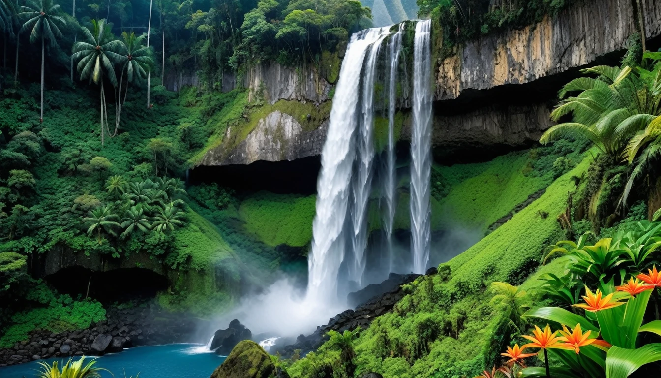 A majestic waterfall cascading down a lush colorful mountainside in the heart of a rainforest. There are also a variety of flowers in bloom, adding a splash of color to the scene. . The water is crystal clear and refreshing, and it crashes down into a pool at the bottom of the falls. The surrounding area is teeming with life, with plants of all shapes and sizes growing everywhere. There are also a variety of flowers in bloom, adding a splash of color to the scene. The overall impression is one of beauty and power, and the viewer is left feeling awestruck by the power of nature.