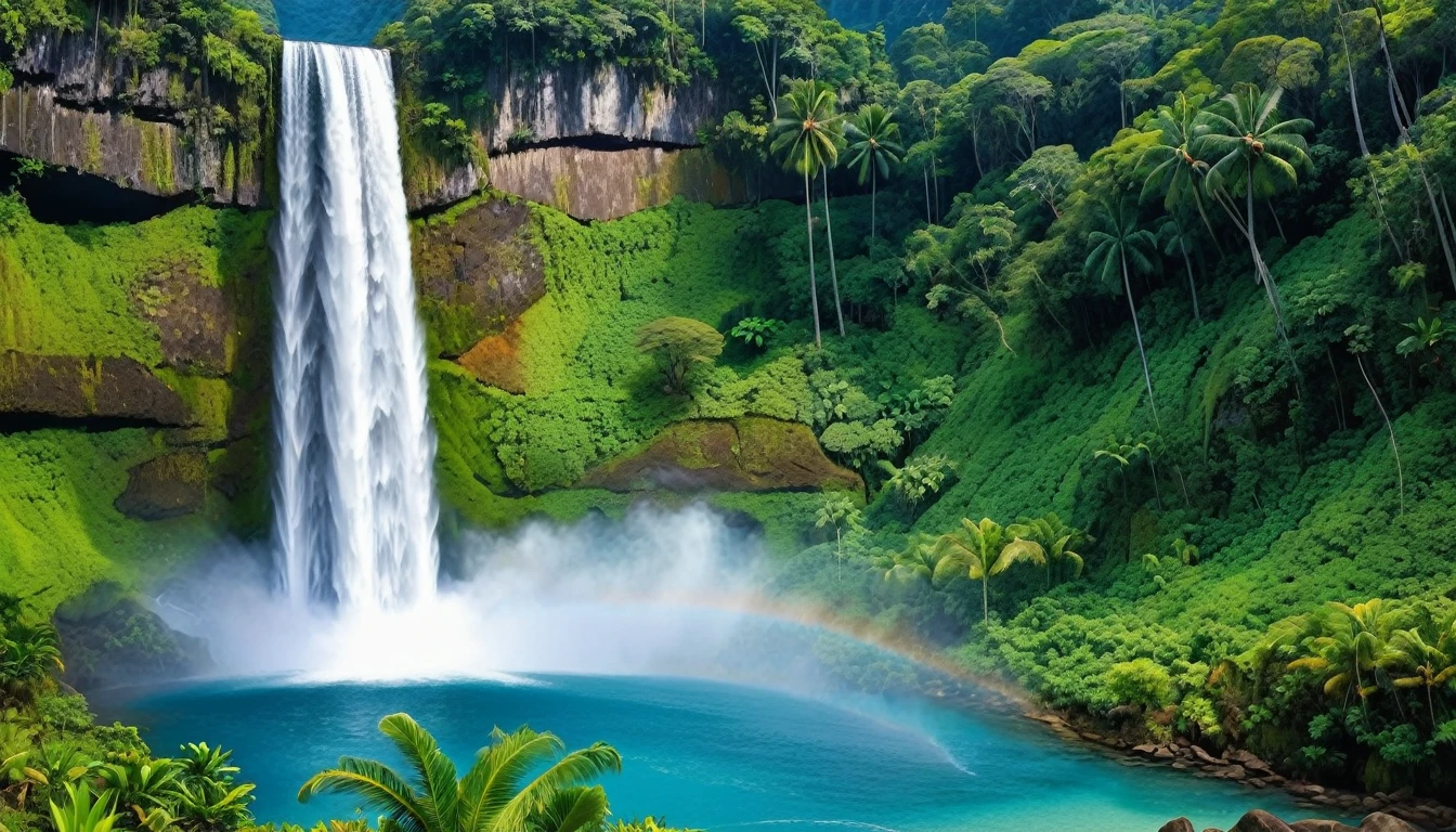 A majestic waterfall cascading down a lush colorful mountainside in the heart of a rainforest. There are also a variety of flowers in bloom, adding a splash of color to the scene. . The water is crystal clear and refreshing, and it crashes down into a pool at the bottom of the falls. The surrounding area is teeming with life, with plants of all shapes and sizes growing everywhere. There are also a variety of flowers in bloom, adding a splash of color to the scene. The overall impression is one of beauty and power, and the viewer is left feeling awestruck by the power of nature.