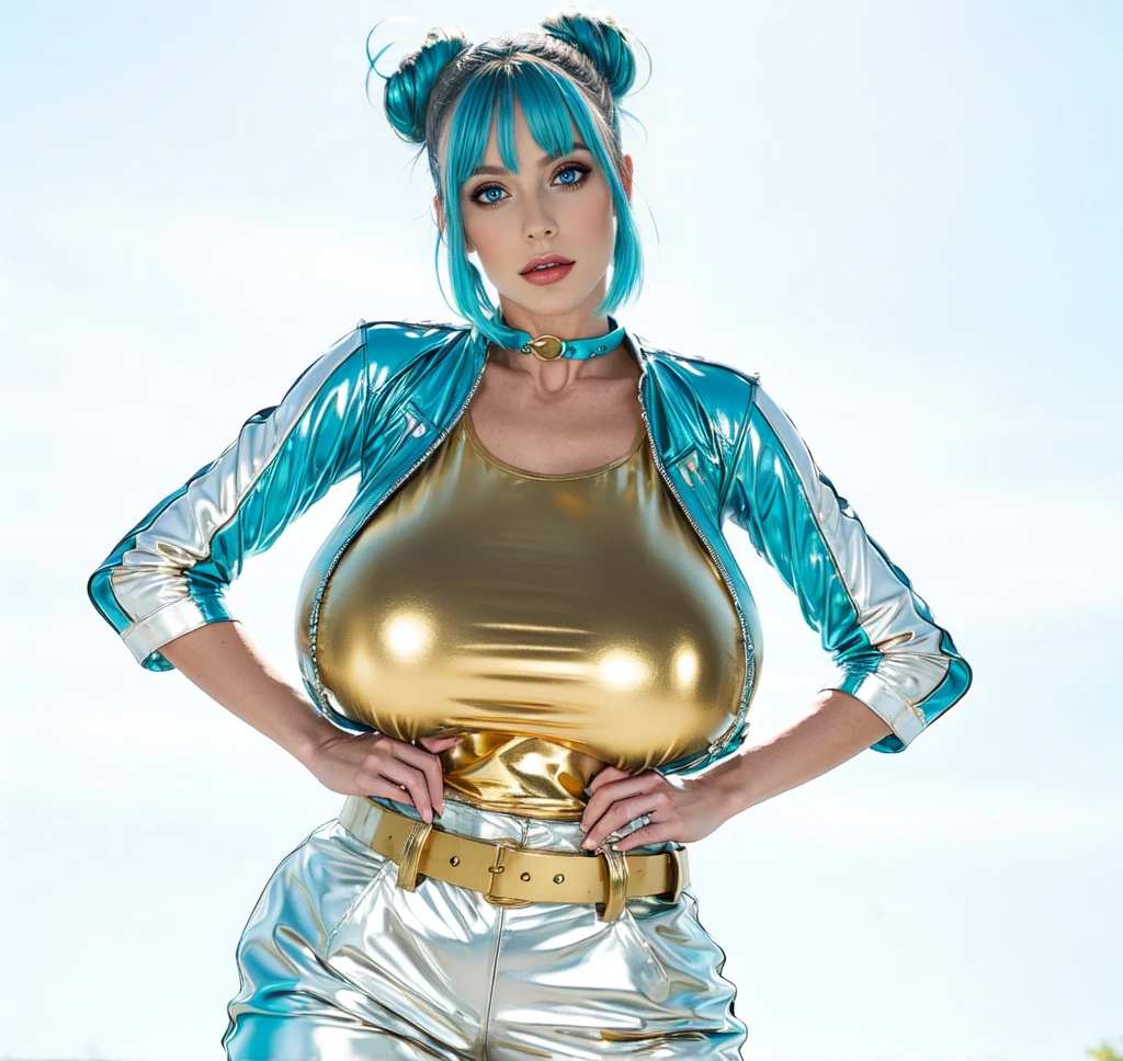 adult french milf woman with cyan blue hair, space bun haircut, gold T-shirt, cyan blue croppet jacked,big  breast,white latex trousers, gold belt blue eyes, standing 